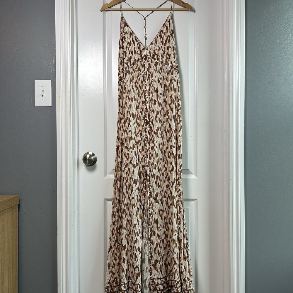 Aerie Brown Ikat Print Beaded Strap Front Slit Flowy Maxi Dress Boho Chic Style
